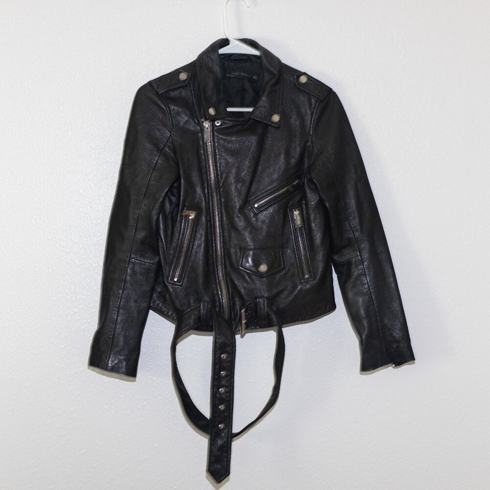 Zara Black Leather Bomber Jacket Size Medium